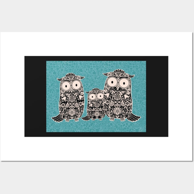 Folk Art Owl Family with Owlet on Teal Floral Background Wall Art by NattyDesigns